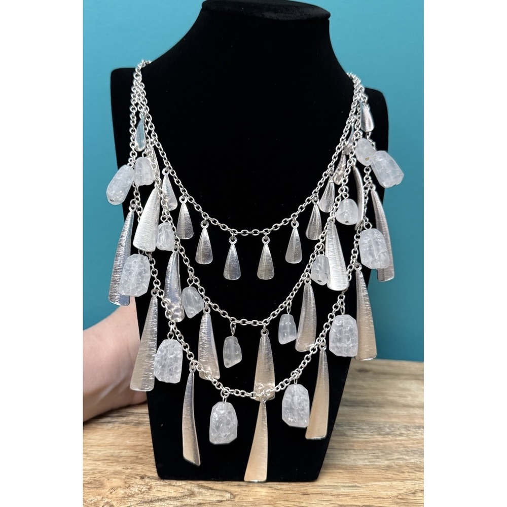 Premier‎ Design Necklace 3 Strand Beach Glass White Sea Glass Silver Tone 28"+4"